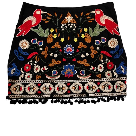 Umgee Small Boho Floral Embroidered Mini Skirt Bird Pom Black Caribbean - Picture 2 of 6